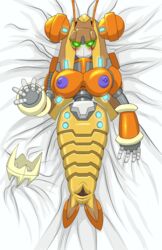 absurd_res arthropod blush breasts capcom chlqjsro female glowing glowing_eyes green_eyes hi_res insects lepidopteran lying machine mega_man mega_man_zero metallic_body moth mouthless nipples noseless pussy reploid robot sol_titanion solo video_games