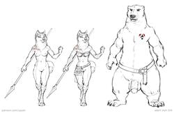 2018 adam_wan balls bear belt black_and_white black_nose bra breasts canid canine canis clothing duo female foot_wraps fur hi_res humanoid_penis larger_male male mammal melee_weapon monochrome mostly_nude navel nipples nude paws penis polearm simple_background size_difference sketch small_breasts smaller_female spear standing tattoo tribal underwear url ursid weapon white_background wolf wraps
