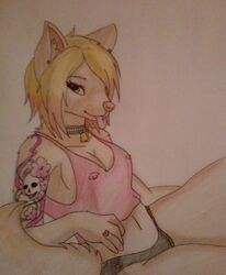 2016 anthro blonde_hair blue_eyes breasts canid canine canis choker clothed clothing collar domestic_cat ear_piercing felid feline felis female fur hair hi_res looking_at_viewer mammal mia_dyke_(character) nipple_piercing nipples open_mouth panties piercing piercings shirt simple_background smile solo t-shirt tattoo tight_shirt tongue tongue_out tongue_piercing underwear wolf wolky