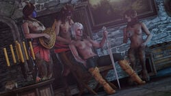 3d 4girls areolae breasts brown_hair cd_projekt_red ciri demon_girl demon_horns green_eyes hand_on_shoulder hooves horns mask nipples on_chair partially_clothed scar sitting succubus succubus_(the_witcher) tattoo the_witcher the_witcher_(series) the_witcher_2 the_witcher_3:_wild_hunt venomous_sausage white_hair