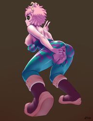 10s 8-tomb anus ass black_sclera bodysuit boots breasts female from_behind fur_trim hero_outfit_(mha) highres horns mina_ashido my_hero_academia nipples pink_hair pink_skin pussy short_hair solo spread_anus squatting torn_bodysuit torn_clothes uncensored vest yellow_eyes