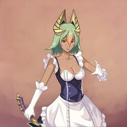 cleavage clothing dakkalot dark-skinned_female dark_skin female fire_emblem fire_emblem_heroes fully_clothed gloves green_hair laegjarn_(fire_emblem) maid red_eyes short_hair smile solo sword