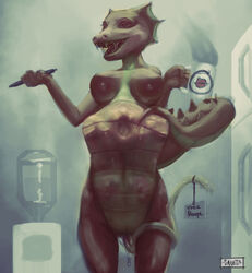 2015 ambiguous_gender anthro argonian belly bethesda_softworks black_eyes bodily_fluids body_outline breasts brown_body coffee_mug detailed_background duo english_text faultyvault felid female female/ambiguous female_pred fridge fur genital_fluids genitals hand_imprint holding_cup holding_object holding_pen invalid_tag mammal non-mammal_breasts nude oblivion open_mouth open_smile pen pencil_(disambiguation) prehensile_tail pussy pussy_juice pussy_juice_on_tail quill-weave saliva scalie sharp_teeth sign smile spiked_tail spikes steam stomach_bulge tail_coil teeth text the_elder_scrolls unbirthing vaginal_penetration video_games vore water_cooler yellow_body yellow_fur