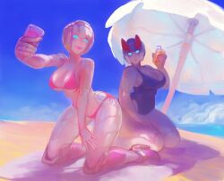 2girls arcee arcee_(g1) autobot beach big_breasts bikini blue_eyes breasts built-in_high_heels busty crossgender female female_only genderswap genderswap_(mtf) grey_body heeled_feet high_heels huge_breasts large_breasts multiple_girls on_knees one-piece_swimsuit partially_clothed pink_bikini prowl_(transformers) robot robot_girl robot_humanoid robotboob rule_63 selfie swimsuit taking_selfie thick_thighs transformers white_body