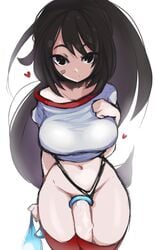 1futa bandaid big_penis black_eyes black_hair breasts celeste_shimmer cleavage cock_ring condom condom_balloon condom_in_hand dickgirl erection futa_only futanari heart huge_penis intersex large_breasts looking_at_viewer navel penis poduu solo solo_futa thick_thighs thighhighs thong thong_aside veiny_penis white_background