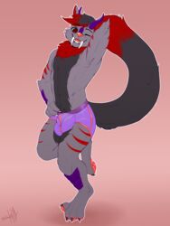 2019 anthro armpit_hair balls big_balls big_tail bulge claws clothing dragon fangs felid feline fur horn hybrid looking_at_viewer machairodontine male male_only mammal open_mouth piercing raiza_kynzo scales simple_background skully skullysilverwolf smile smilodon solo standing teeth toe_claws underwear