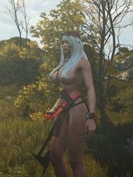 3d armwear axe big_breasts breasts cd_projekt_red elf female flower_in_hair flowers jewelry loincloth long_ears necklace outdoors pubic_hair revealing_clothes the_witcher_(series) trees tribal weapon white_hair