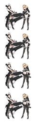 2girls absurdres agent_(girls'_frontline) assault_rifle bangs black_eyes black_footwear black_gloves black_hair black_legwear black_panties blonde_hair blue_eyes bow breath dildo dress dress_lift eyebrows_visible_through_hair fingerless_gloves g36_(girls'_frontline) girls'_frontline gloves gun h&k_g36 hair_bun happening18 high_heels highres holding_gun holding_weapon imminent_rape maid maid_dress maid_headdress medium_hair multiple_girls navel open_mouth panties purple_gloves red_lips rifle sangvis_ferri simple_background standing strap-on sweat sweatdrop thighhighs underwear weapon white_background