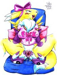 2004 anthro bottomless clothes color digimon female female_only front_view fur furry pussy_juice renamon sawblade_(artist) sitting solo tagme vulva