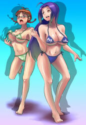 akizuki_ritsuko amanooni_touri azusa_miura barefoot bikini blue_hair blush braid breasts brown_hair cleavage glasses huge_breasts idolmaster long_hair miura_azusa open_mouth purple_hair red_eyes ritsuko_akizuki short_hair side-tie_bikini smile swimsuit twin_braids underboob wardrobe_malfunction yokkora