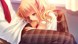 1boy blonde_hair blush breasts brown_eyes censored fellatio female fingernails highres long_hair momoi_komomo necktie oral original penis plaid school_uniform solo_focus straight sweater_vest