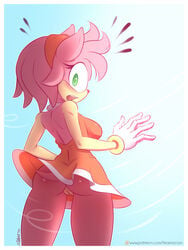 2016 amy_rose anthro ass blush bottomless clothing dress female fur furry furry_only green_eyes handwear hedgehog looking_at_viewer looking_back mammal no_panties partially_clothed pink_fur pussy sallyhot solo sonic_(series) tail topwear wind