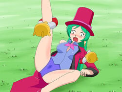 blush chingling francesca_(pokemon) green_hair hat high_heels long_hair magician otsukare pokemon pokemon_(anime) shizue_(pokemon) shoes solo top_hat