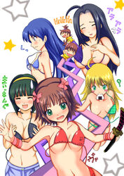 ahoge amami_haruka ami_futami azusa_miura bikini bikini_malfunction blush bow breasts chibi chihaya_kisaragi cleavage closed_eyes cute_fang embarrassed everyone flat_chest hair_bobbles hair_ornament hairband hairbow haruka_amami hoshii_miki idolmaster kisaragi_chihaya kotori_otonashi large_breasts long_hair mami_futami miki_hoshii miura_azusa mole mouth_hold otonashi_kotori shiina_you_(tomoshibi) short_hair smile striped striped_bikini striped_swimsuit sweatdrop swimsuit tomo_shibi undressing wardrobe_malfunction