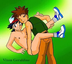 baseball_cap brock_(pokemon) clothes color hat human male male_only multiple_males nude pokemon satoshi_(pokemon) side_view tagme vixen_geraldine yaoi