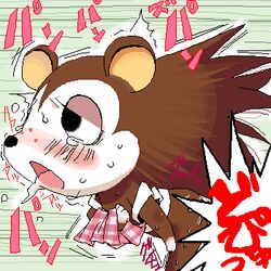 1girls agemono ahegao ambiguous_penetration animal_crossing apron black_eyes blush brown_spines censored eyelashes freckles fur hand_on_leg hedgehog lowres mammal nintendo oekaki onomatopoeia open_mouth sable_able saliva sweat tear tears text translation_request twitch_lines video_games wiggle_lines