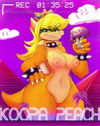 1girls 4_fingers alternate_species anthro blonde_hair blue_eyes bracelet breasts camera_view character_name claws cloud collar crown english_text female female_only hair jewelry koopa long_hair mario_(series) mushroom nintendo nipples nude outdoors palm_tree princess_koopa princess_peach pussy pyramid pyramids scalie smile solo spiked_collar spikes standing super_mario_bros. tail text tgwonder thick_thighs thighs vaporwave vhs video_games wide_hips