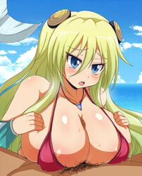 1boy afuro bikini blonde_hair blue_eyes blush breasts censored collarbone female fish_tail fuji-san huge_breasts long_hair male_pubic_hair mermaid namiuchigiwa_no_muromi-san necklace ocean open_mouth outdoors outercourse paizuri penis pubic_hair red_bikini solo_focus straight swimsuit tail