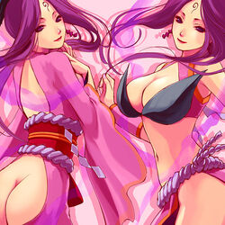 ass ass_cutout breasts butt_crack cleavage lowres okami purple_eyes purple_hair sakuya_(okami) smile