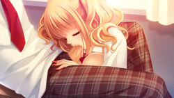 1boy blonde_hair blush breasts censored closed_eyes cum cum_in_mouth fellatio female fingernails highres long_hair momoi_komomo necktie oral original penis plaid school_uniform solo_focus straight sweater_vest