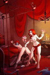 2girls anal anal_fingering anal_juice anal_sex barefoot black_lipstick bodily_fluids bondage bound_arms bound_legs bound_wrists eyelashes eyeshadow female femdom femsub fingering lezdom lilith_averline lipstick mostly_nude multiple_girls ninjakitty ninjakitty_(character) nipple_piercing nude original pussy_juice red_hair red_lipstick sex_toys spread_legs standing topless wangsworth yuri