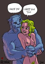 1boy 1girls 2008 abigail_brand artist_name beast_(x-men) breasts female from_behind green_hair hank_mccoy hellstroem hugging_from_behind interspecies male marvel smile speech_bubble straight_hair x-men