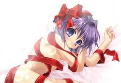 blush bow clannad fujibayashi_ryou lying naked_ribbon on_side purple_hair ribbon ryou_fujibayashi straight_hair yuizaki_hizumi