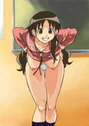 areolae azumanga_daiou bangs bent_over bra breasts brown_eyes brown_hair chalkboard cirima classroom clothes clothing cosplay female female_only hands_on_hips hanging_breasts human indoors kneesocks large_breasts long_hair looking_at_viewer nipples panties puffy_nipples school_uniform seifuku serafuku shirt shirt_lift smile socks solo standing teacher thigh_gap underwear undressing uniform very_long_hair volvox white_bra white_panties yukari yukari_tanizaki