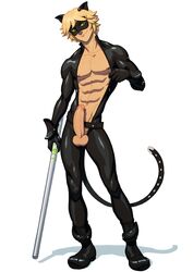 1boy abs adrien_agreste big_penis blonde_hair boner bulge cat_ears cat_noir cat_tail chat_noir erection foreskin gay looking_at_viewer male male_only miraculous_ladybug muscles muscular muscular_male nipples penis schizoid solo testicles tight_clothing toned toned_male uncircumcised