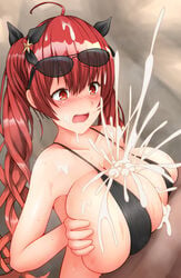 azur_lane bikini black_bikini black_ribbon blush breasts cum cum_on_body cum_on_breasts cum_on_upper_body ejaculation facial hair_ribbon honolulu_(azur_lane) huge_breasts image_sample paizuri red_hair ribbon shikakui_kyomu sunglasses surprised swimsuit twintails