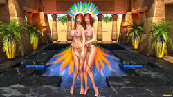 2girls 3d areola bimbo bolt_on_tits breasts busty cleavage eyeshadow feathers headdress hourglass_figure large_breasts lipstick long_legs makeup nipples oasis original_character red_hair sheer_bikini sotsog3d transparent_clothing twins voluptuous