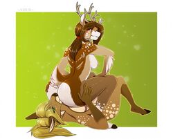 2019 5_fingers amur anthro anthro_on_anthro antlers brown_fur brown_hair capreoline cervid duo female fur hair hooves horn mammal nipples reindeer smile tan_fur yuri