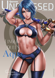 1girls abs aqua_(kingdom_hearts) blue_bra blue_eyes blue_hair blue_lingerie blue_panties bra breasts dandon_fuga disney female female_only garter_belt garter_straps keyblade kingdom_hearts lingerie magazine_cover midriff navel panties pinup short_hair smile solo solo_focus square_enix text thighhighs underwear weapon