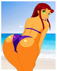 back_view beach bikini dc female looking_at_viewer looking_back outdoors pervyangel solo starfire teen_titans