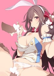 absurdres bangs bare_shoulders blush bow breasts brown_eyes brown_hair censored cum cum_in_pussy facial female group_sex hairbow heart heart-shaped_pupils highres idolmaster idolmaster_shiny_colors large_breasts long_hair navel nipples panties penis pubic_hair pussy realmbw ribbon symbol-shaped_pupils tsukioka_kogane underwear vaginal_penetration