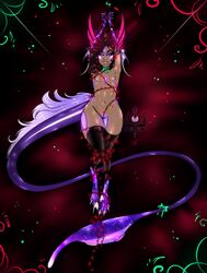 blue_eyes bondage christmas_lights claws dark_skin female glowing_markings pointy_ears red_hair tentacle tentacle_tail tentasuccubus tied_up