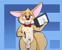 5_fingers anthro balls blush bow canid canine fenix_(xp-pen) fennec fox humanoid_penis iguanasarecool male male_only mammal nipples penis solo tablet uncut wide_hips xp-pen