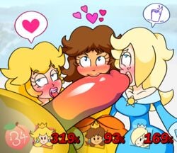 1boy 3girls big_penis blonde_hair blue_eyes bowser brown_hair collaborative_fellatio fellatio huge_cock mario_(series) multiple_girls nintendo oral peachypop34 princess_daisy princess_peach princess_rosalina super_mario_bros. teamwork unseen_male_face