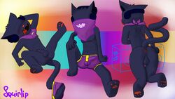 ass balls black_fur domestic_cat eyeless felid feline felis fur headphones male male_only mammal monsercat monstercat open_mouth simple_background smile teeth