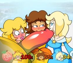 1boy 3girls 69_(number) big_penis blonde_hair blue_eyes bowser brown_hair collaborative_fellatio fellatio huge_cock mario_(series) multiple_girls nintendo oral peachypop34 princess_daisy princess_peach princess_rosalina super_mario_bros. teamwork unseen_male_face