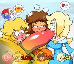 1boy 3girls 69_(number) big_penis blonde_hair blue_eyes bowser brown_hair collaborative_fellatio comparing_penis fellatio huge_cock koopa mario mario_(series) multiple_girls nintendo peachypop34 penis_comparison penis_size_difference princess_daisy princess_peach princess_rosalina super_mario_bros. teamwork unseen_male_face