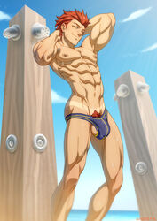 1boy abs beach blue_sky bulge flaccid free! looking_at_viewer male_only mikoshiba_seijuurou muscles nipples outdoors outside public red_hair schizoid seaside shower solo solo_male standing testicles underwear wet