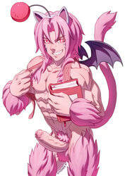 1boy abs animal_ears animal_tail bat_wings boner erection final_fantasy final_fantasy_ix foreskin furry furry_tail looking_at_viewer male male_only muscles muscular muscular_male nipples nude penis pink_eyes pink_hair pink_penis pink_skin schizoid solo solo_male standing uncircumcised uncut zidane_tribal