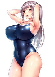 1girls armpits arms_behind_head arms_up blush breasts brown_eyes cleavage competition_school_swimsuit covered_navel female female_only highres huge_breasts human long_hair looking_at_viewer nipple_bulge one-piece_swimsuit open_mouth original ponytail ringed_eyes school_swimsuit sideboob silver_hair simple_background skin_tight smile solo standing swimsuit tight_clothes tongue tsukumiya_amane white_background