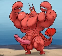 abs amber_eyes balls crustacean erection flexing humanoid_penis hyper_muscles large_pecs larry_the_lobster lobster male male_only muscular nickelodeon nude pecs penis retracted_foreskin smile smooth_skin solo spongebob_squarepants thick_thighs uniparasite