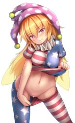 american_flag american_flag_legwear american_flag_shirt bangs bar_censor blonde_hair blue_dress blue_legwear blush breasts censored clownpiece commentary_request cowboy_shot dress dress_lift eyebrows_visible_through_hair fairy fairy_wings female flashing groin hair_between_eyes hat head_tilt highres jester_cap lifted_by_self long_hair medium_breasts navel neck_ruff no_panties polka_dot_hat purple_eyes purple_hat red_dress red_legwear shiny_shinx_(artist) shiratsuki_shiori short_sleeves simple_background standing star star_print stomach striped striped_dress striped_legwear thighs touhou very_long_hair white_background white_dress white_legwear wings