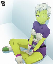 1girls absurdres alien alien_girl battle_armor belt bodysuit boots breastplate breasts cheelai clothed collarbone dragon_ball dragon_ball_super female female_only footwear gloves green_skin highres humanoid keihh large_filesize looking_at_viewer medium_breasts navel pink_eyes short_hair signature sitting sitting_indian_style skin_tight smile solo watermark white_hair wink