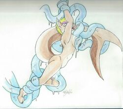 ambiguous_penetration blue_tentacles bondage bound breasts closed_eyes cum danielletaylor_(character) female fish furry hair marine multicolored_hair open_mouth penetration restrained sex shark solo stomach_bulge suspension tentacle