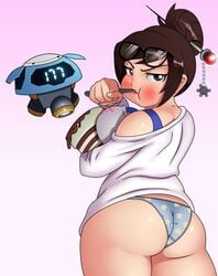 ass back_view big_ass blue_panties chacrawarrior chubby eating glasses_on_head ice_cream mei_(overwatch) overwatch panties print_panties snowball_(overwatch) star_panties thick_thighs