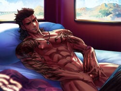 1boy abs brown_hair dreadful_alibi erection final_fantasy final_fantasy_xv gladiolus_amicitia looking_at_viewer male_only muscles nipples on_bed penis penis_grab tattoo testicles